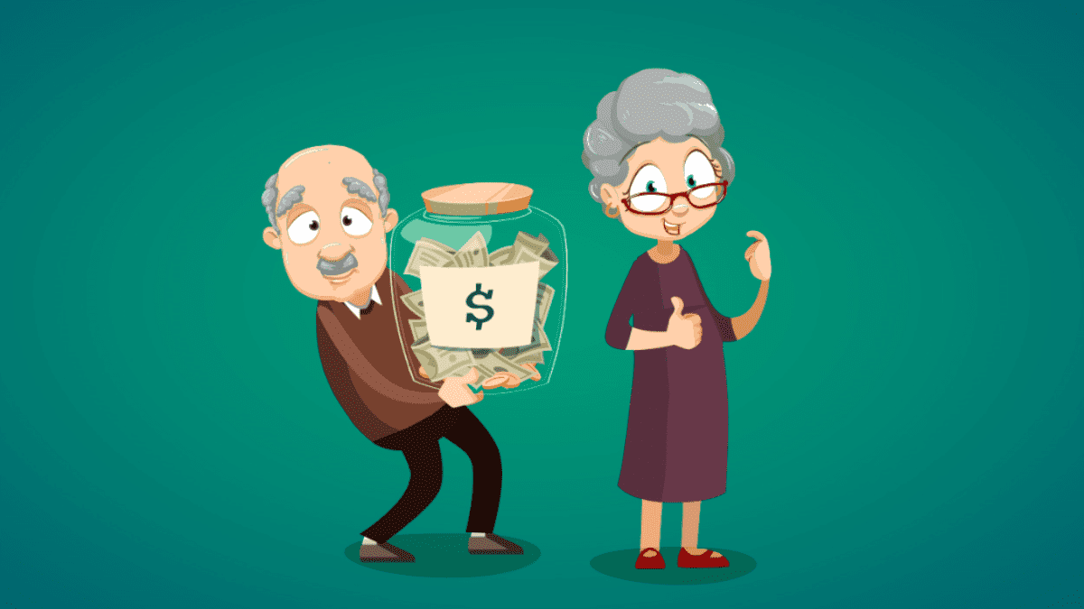 Dos ancianos caricaturescos sostienen un frasco con billetes y un signo de dólar, fondo verde. Seguros de ahorros